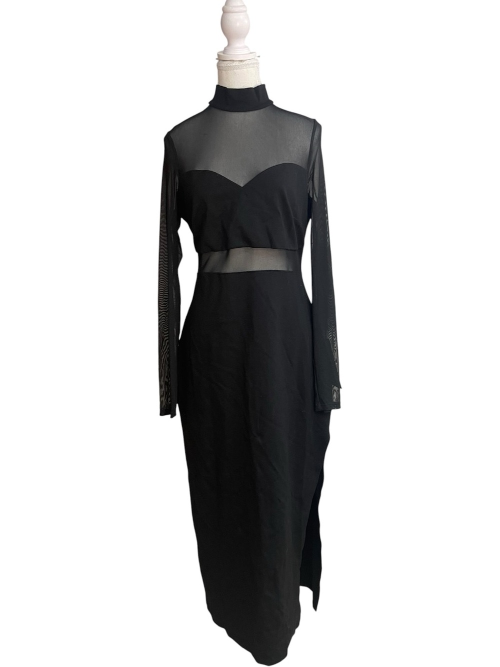 Lulus Sensational Soiree Mesh-Inset Long Sleeve Bodycon Midi Dress Black